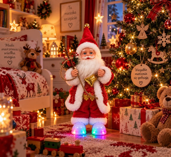 Tańczący Mikołaj 30 cm Jingle Bells LED – ruchoma głowa i ręce