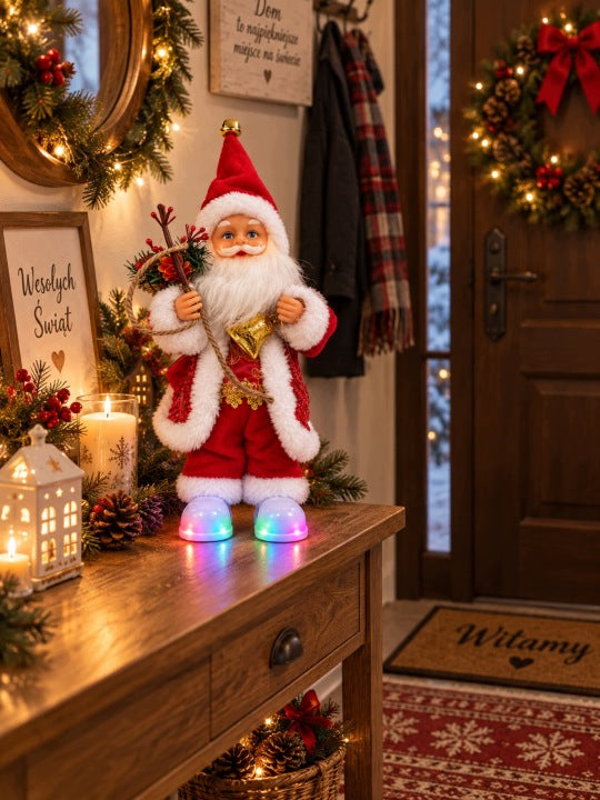 Tańczący Mikołaj 30 cm Jingle Bells LED – ruchoma głowa i ręce