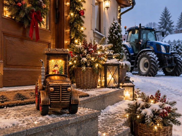 Traktor świąteczny LED 17 cm z muzyką i wirującym śniegiem USB / baterie