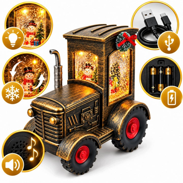 Traktor świąteczny LED 17 cm z muzyką i wirującym śniegiem USB / baterie