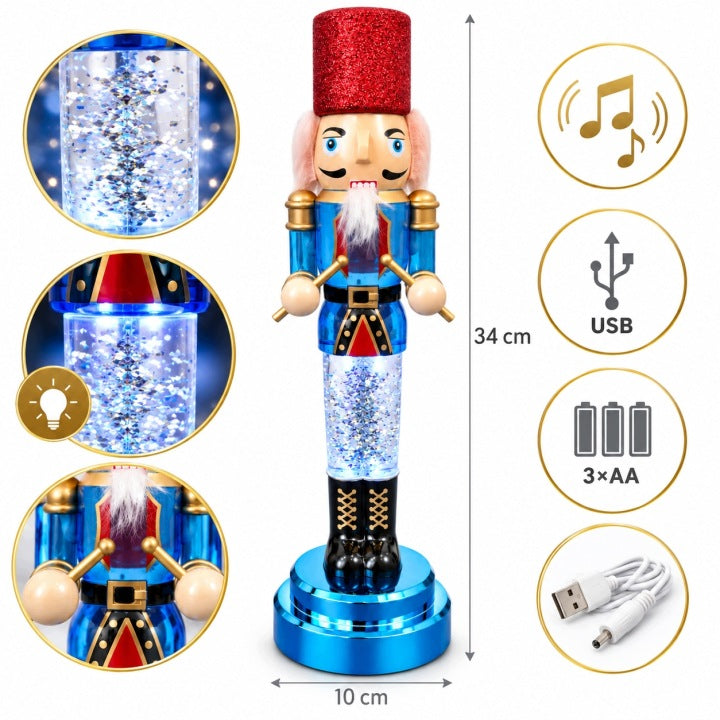 Żołnierz świąteczny LED 34 cm z muzyką i wirującym brokatem USB / baterie