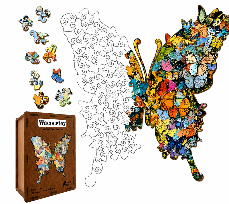 Drewniane Puzzle Motyl 118el. A4 w Pudełku Organizer Dekoracja edu Prezent