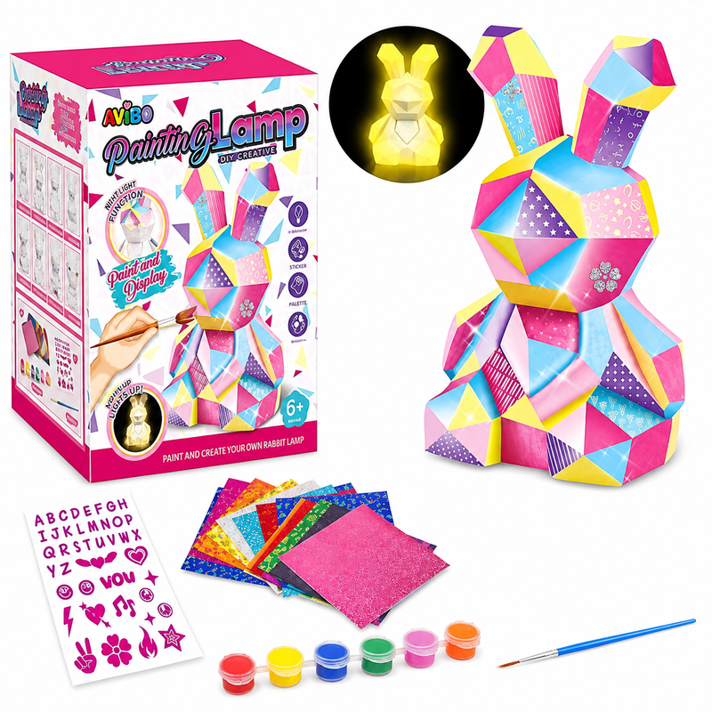 LAMPKA DO MALOWANIA KRÓLICZEK DIY ZESTAW KREATYWNY FARBY BROKAT NAKLEJKI XL