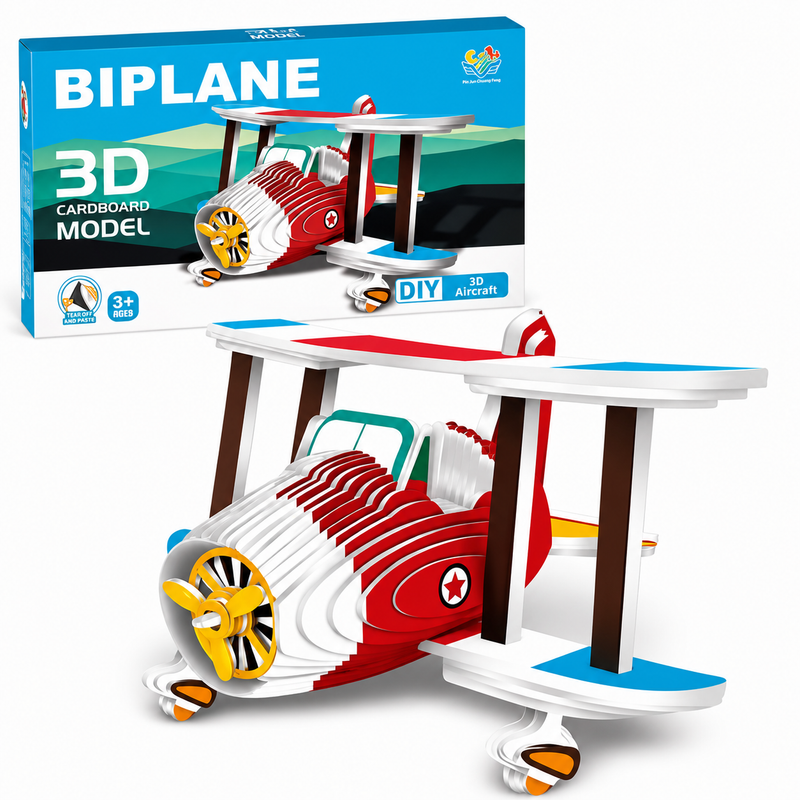 Zabawka Edukacyjna Kartonowe Puzzle 3D Samolot Dwupłatowiec DIY Prezent 3+