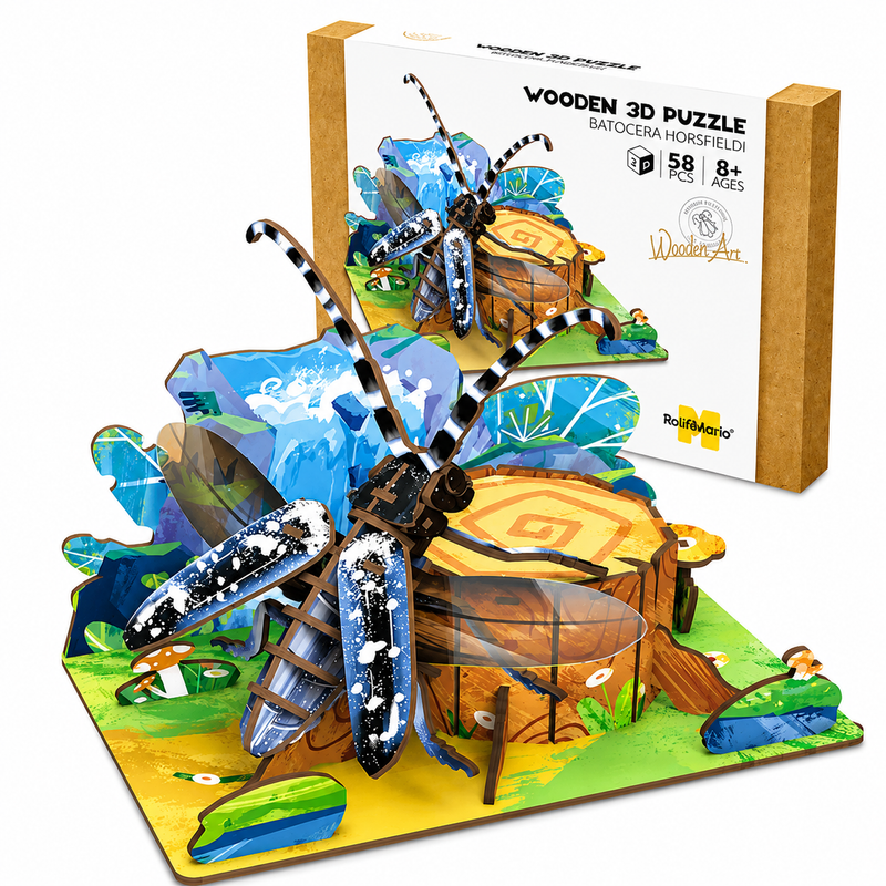 Drewniane Puzzle 3D edu Chrząszcz Model DIY Ozdoba Biurka Prezent 58el 8+