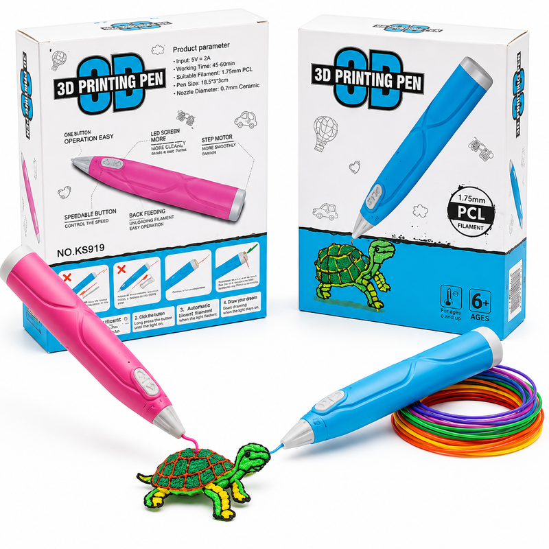 Długopis 3D PCL 1.75mm dla dzieci 6+ Niska temp. Zestaw +3 wkłady USB 5V/2A