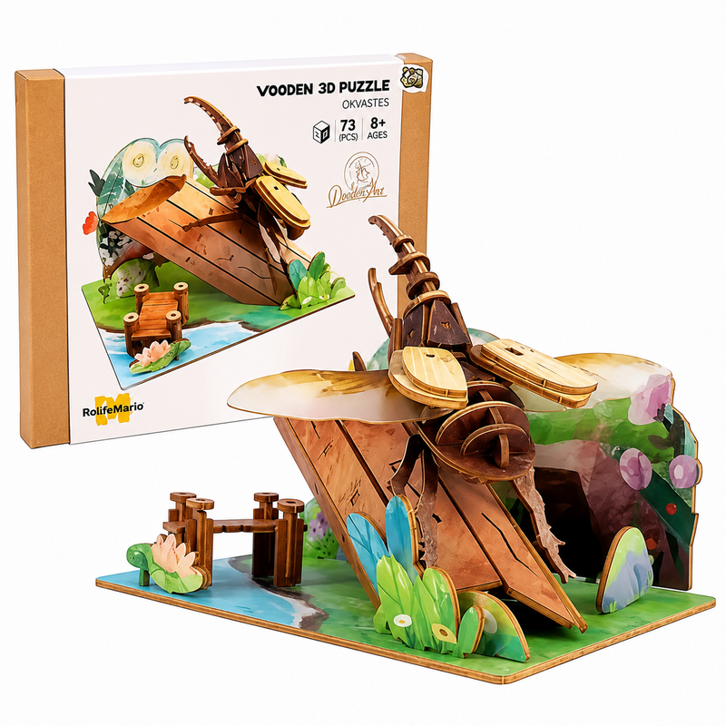 Drewniane Puzzle 3D edu Dynastes Model DIY Ozdoba Biurka Prezent 73el 8+