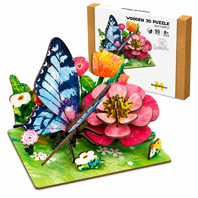 Drewniane Puzzle 3D Edukacyjne Motyl DIY Ozdoba Biurka Prezent 55el 8+
