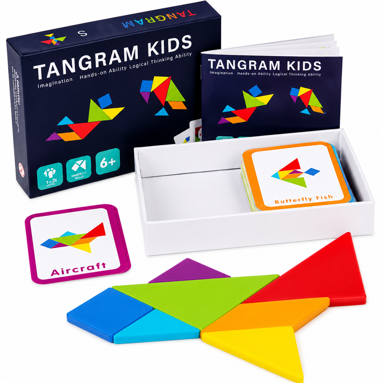Tangram Kids – drewniana układanka logiczna 7 elementów + 60 kart