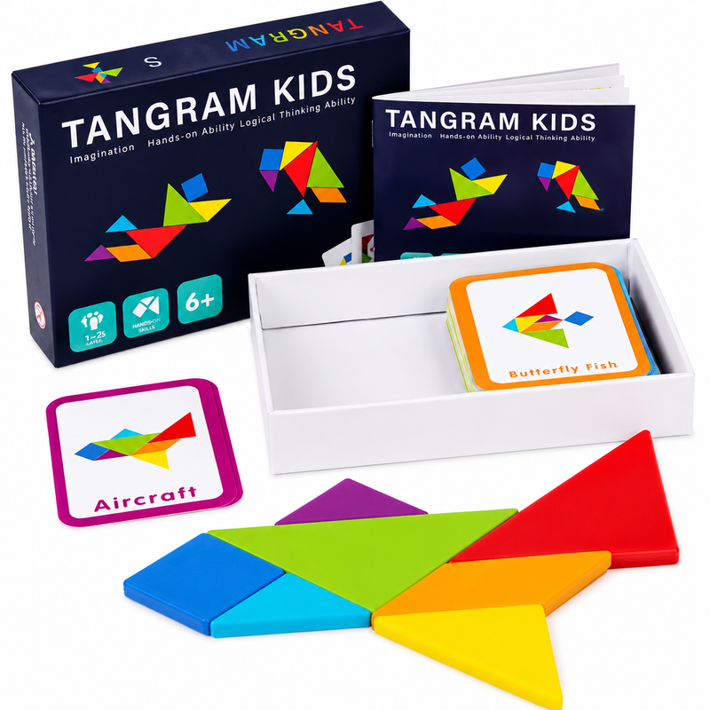 Tangram Kids – drewniana układanka logiczna 7 elementów + 60 kart