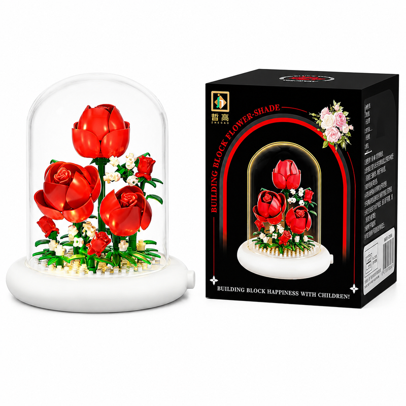 Klocki kwiaty róże pod kloszem lampka LED dekoracja prezent Rose flower