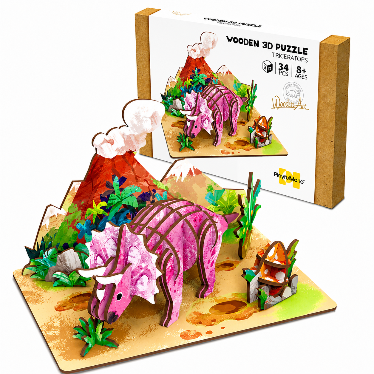 Puzzle 3D Drewniany Model Edukacyjny Dinozaur Triceratops Prezent 34el 8+