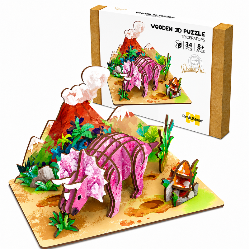 Puzzle 3D Drewniany Model Edukacyjny Dinozaur Triceratops Prezent 34el 8+