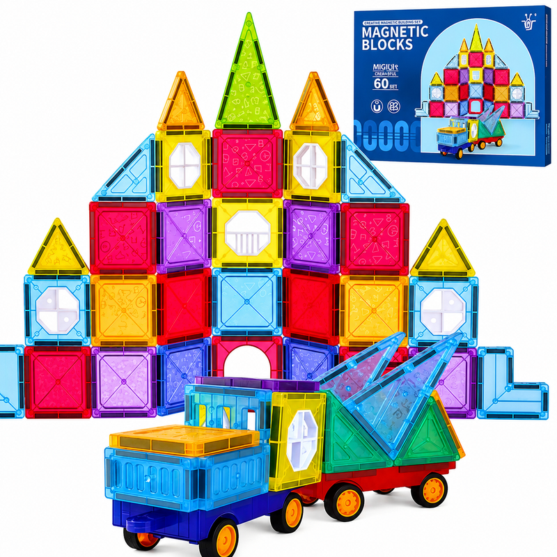 KLOCKI MAGNETYCZNE 3D ZAMEK POJAZDY ZESTAW EDUKACYJNY DIY 60 EL Prezent 3+