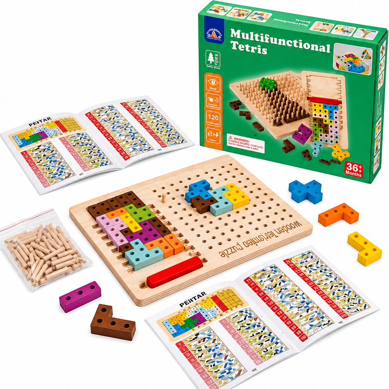 Drewniana układanka Multifunctional Tetris, plansza z kołeczkami 36m+