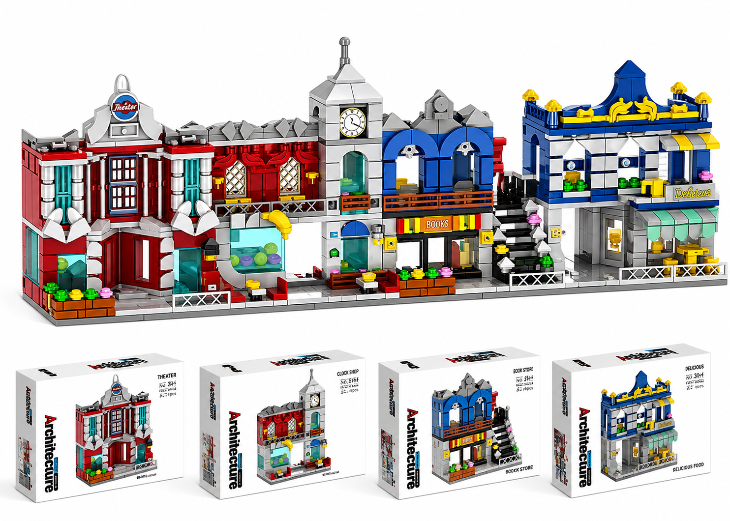 Architektura Klocki Mini Miasto Uliczka Handlowa 902 el. Zestaw 4w1 Prezent