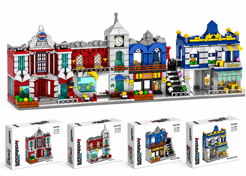 Architektura Klocki Mini Miasto Uliczka Handlowa 902 el. Zestaw 4w1 Prezent