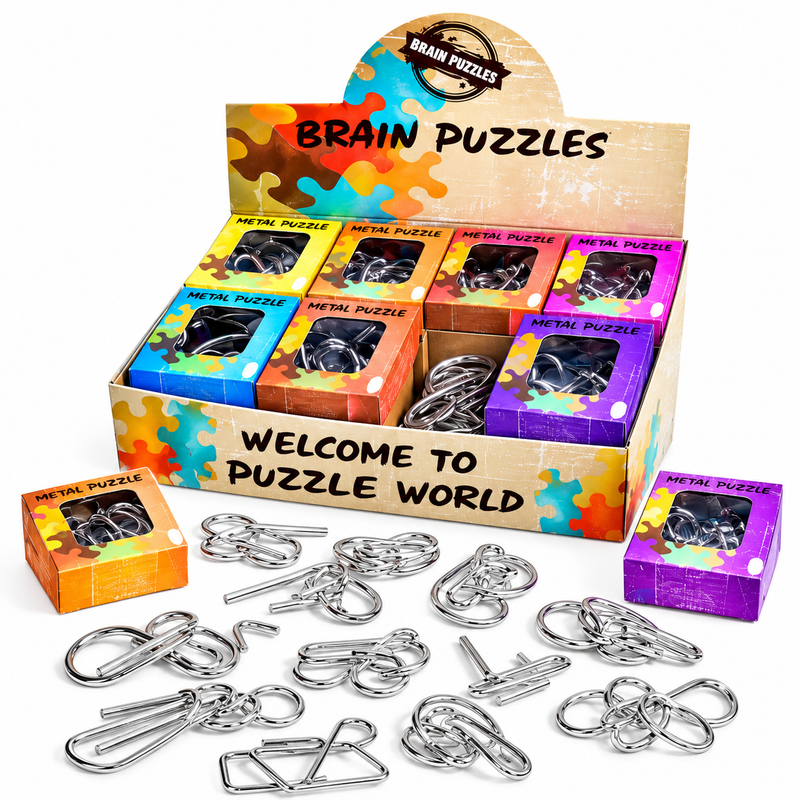 ZESTAW 24 METALOWYCH ŁAMIGŁÓWEK LOGICZNYCH BRAIN PUZZLES W EKSPOZYTORZE BOX