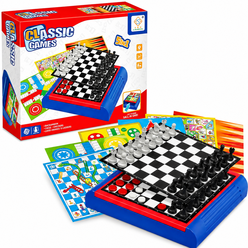 Zestaw Gier Klasycznych 5w1: Szachy, Warcaby, Backgammon, Ludo, Gęś