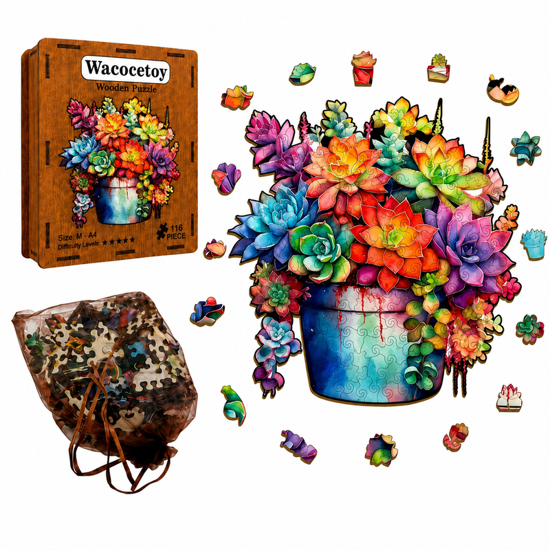 Drewniane Puzzle 3D Sukulenty Organizer Pudełko Prezent A4 116el edu