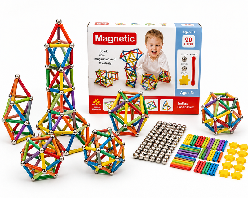 MAGNETYCZNE KLOCKI KONSTRUKCYJNE 90 ELEMENTÓW EDUKACYJNY ZESTAW