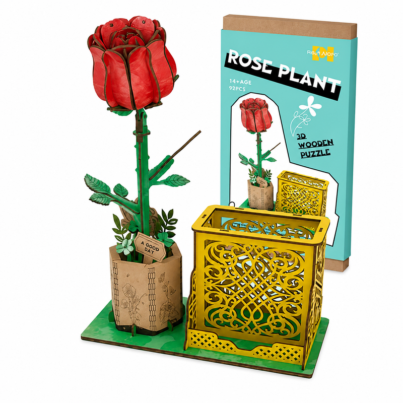 Drewniane Puzzle 3D Kwiat Róża Ozdoba na Biurko Model DIY Prezent 92szt 14+