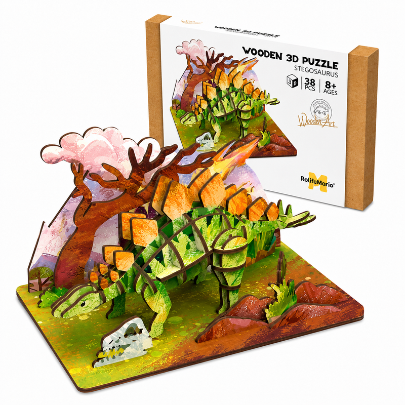 Puzzle 3D Drewniany Model Edukacyjny Dinozaur Stegozaur Prezent 38el 8+